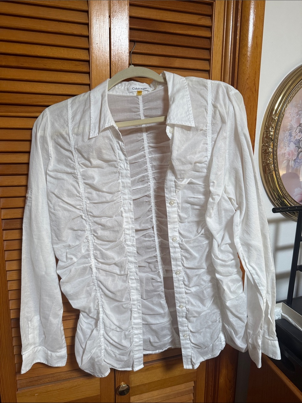 Calvin Klein White Ruched Front Dress Shirt Large